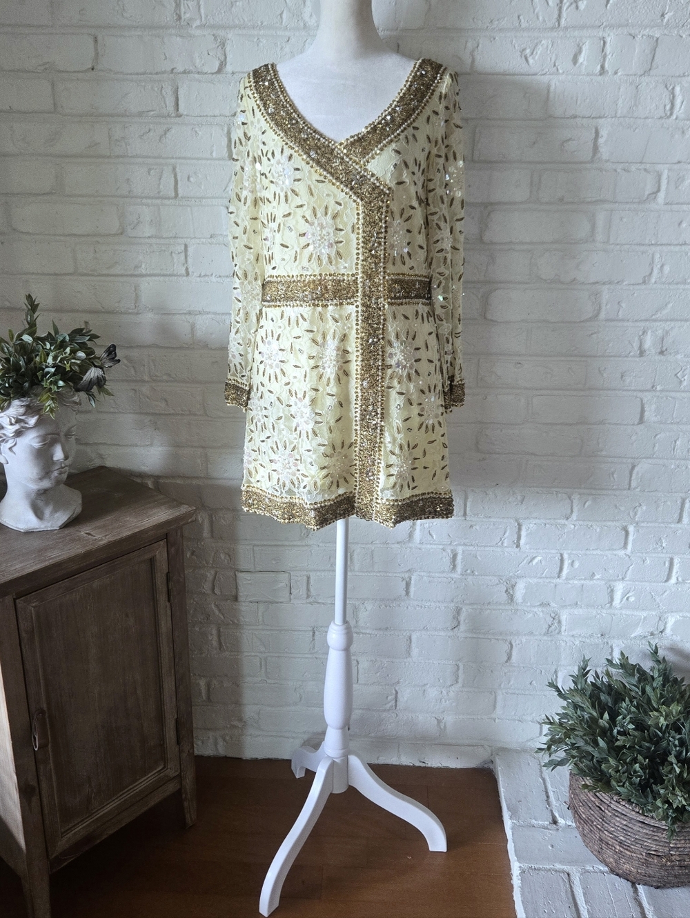 Vtg 60s 70s Regalia Beaded Tunic Top, Xs/S, Party, Las Vegas, Pearl, Sequin